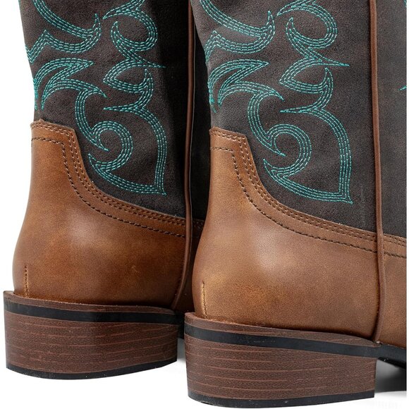 SheSole Womens Dark Brown Cowboy Square Toe Cowgirl Wide Calf Western Boots - Picture 6 of 9